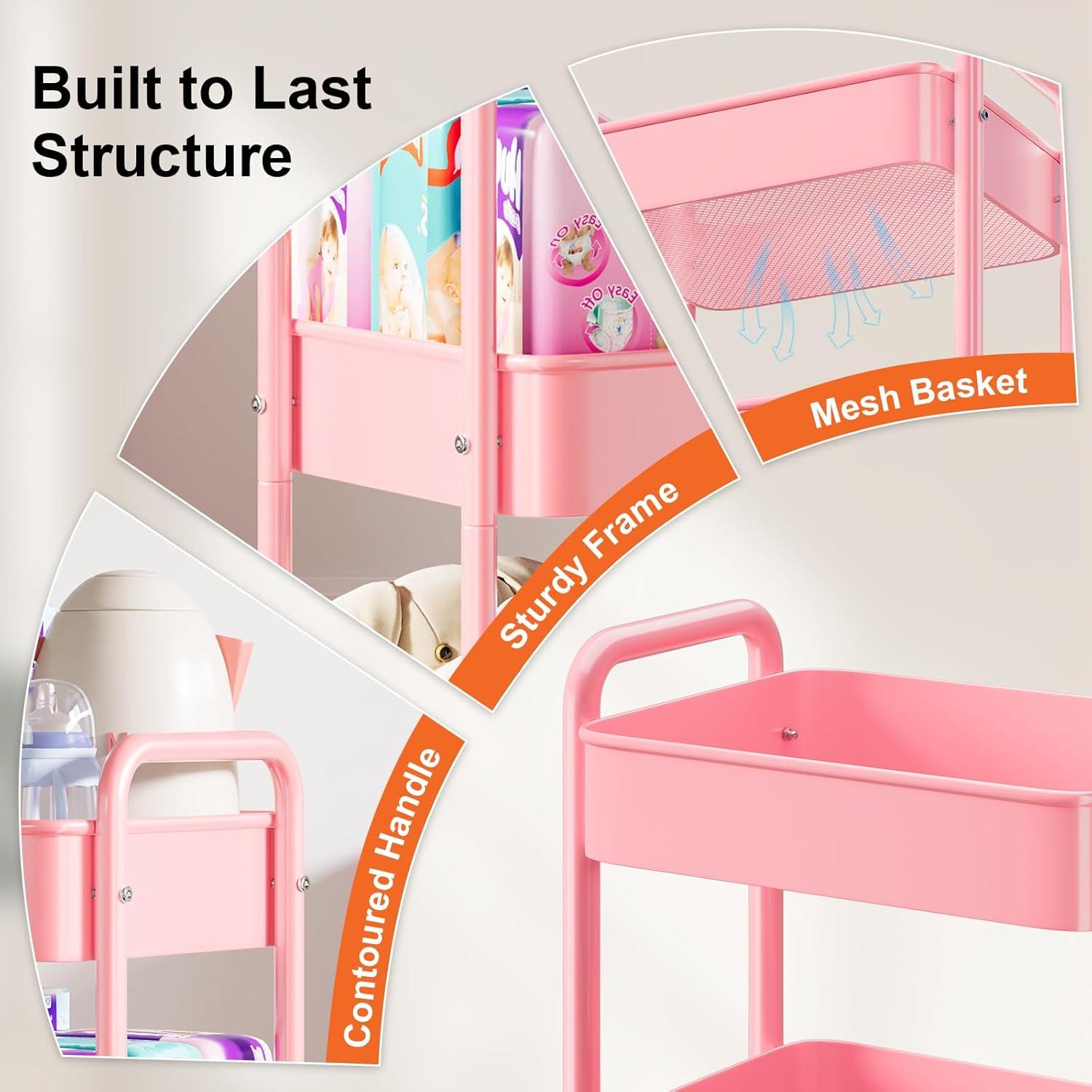 Carro Rodante de Metal WBKATN Rosa 3 Niveles 66 lbs