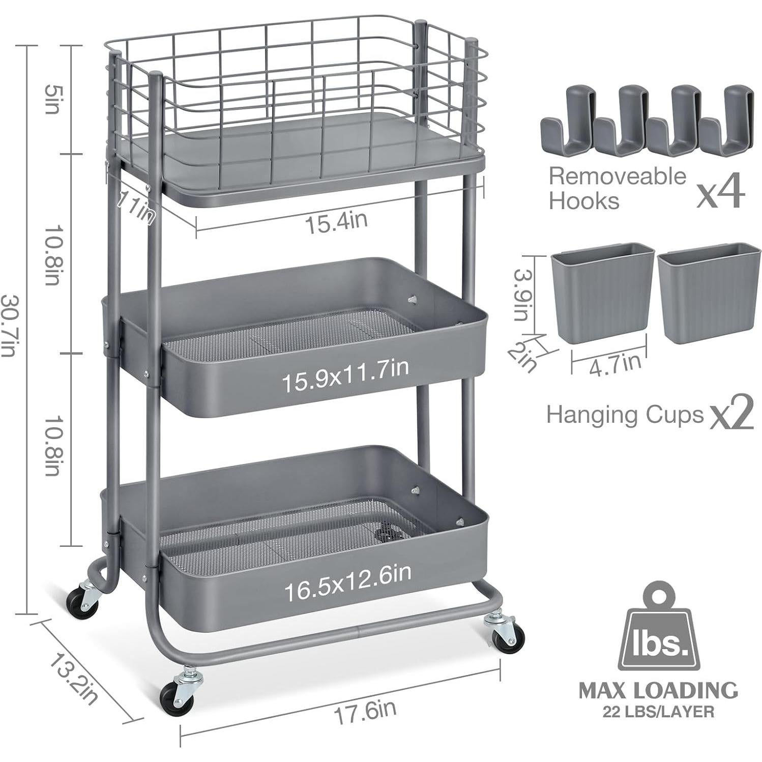 Carro Rodante Metálico 3 Niveles KINGRACK Gris