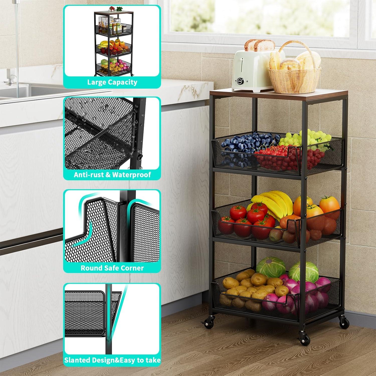 Carrito de Cocina HapiRm Negro 4 Niveles con Canasta