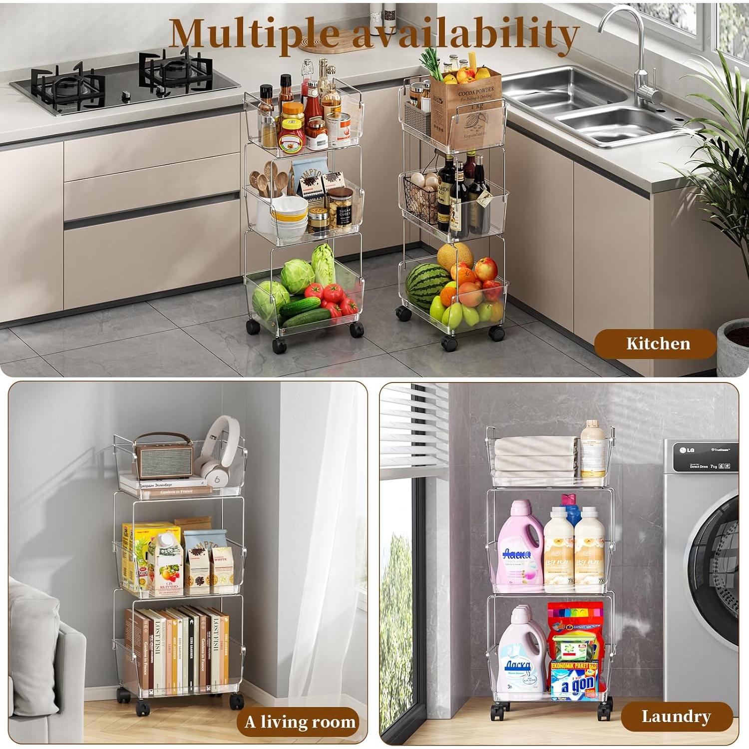 Carro Rodante de Almacenamiento 3 Niveles YCIA&DONE Transparente