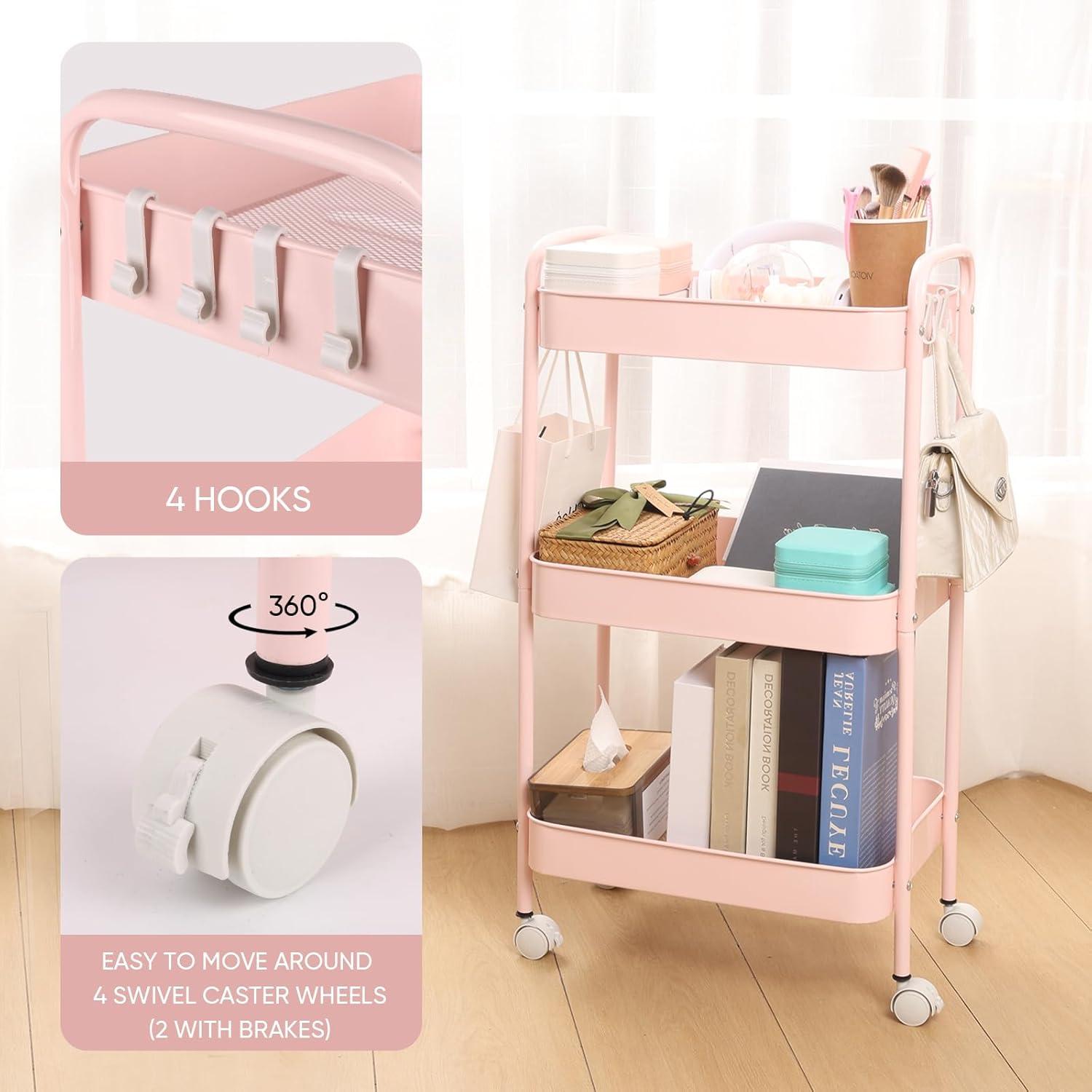 Carro Rodante de Almacenamiento Ufriandz 3 Niveles Rosa
