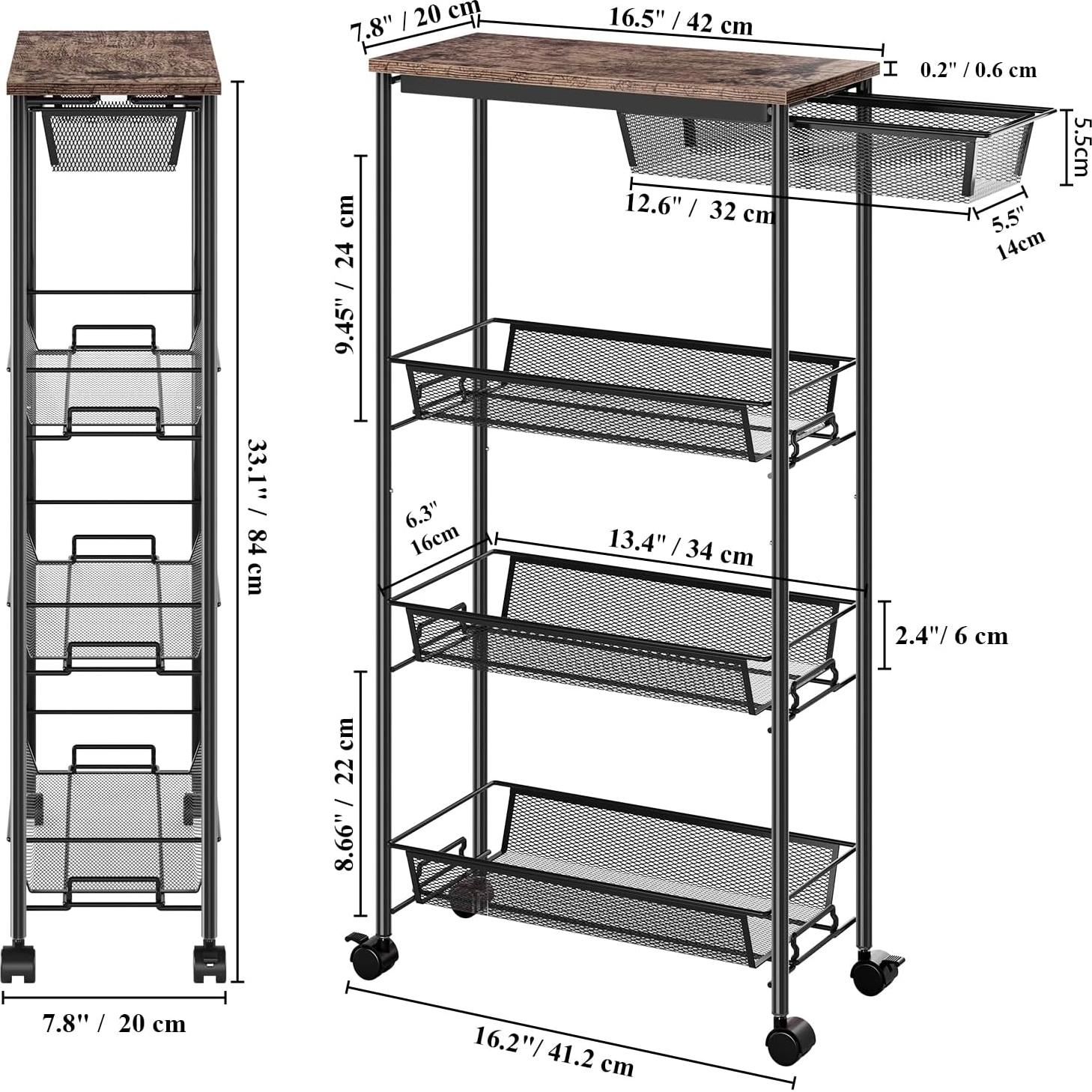 Carro de Almacenamiento Kingrack 4 Niveles Metal y Madera Negro