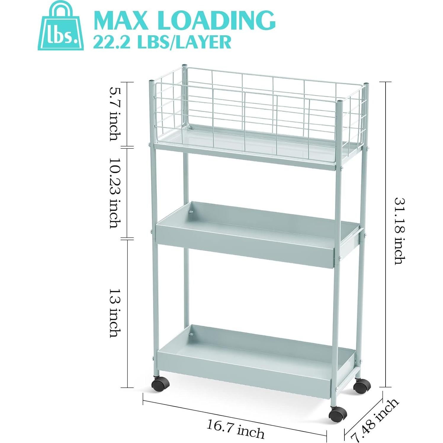 Carro Rodante de Almacenamiento 3 Niveles KINGRACK Verde Menta