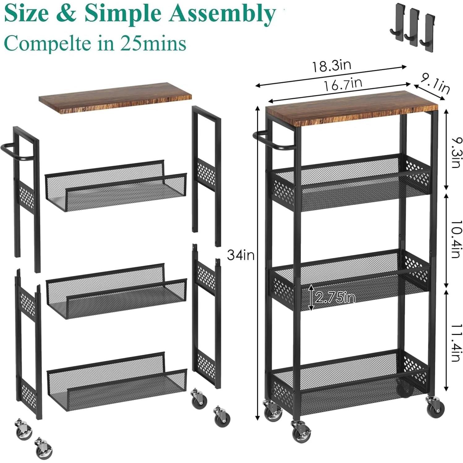 Carrito de Almacenamiento Estrecho XYZLVSI 4 Niveles Negro