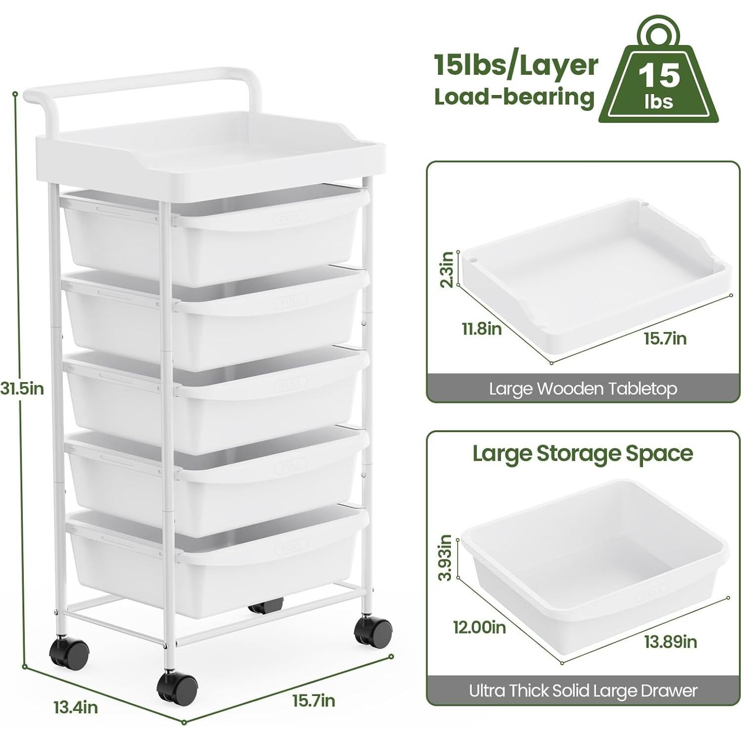 Carro Rodante de 5 Niveles Shrivee Blanco con Cajones