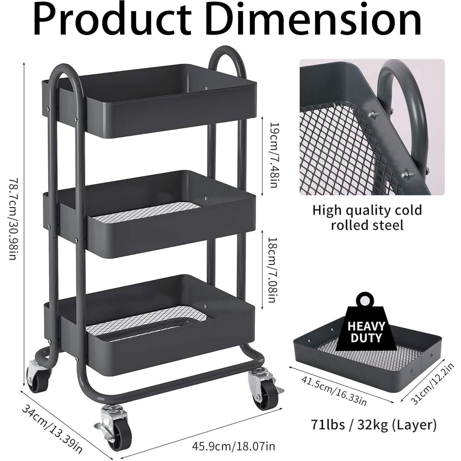 Carro de Almacenamiento Rodante 3 Niveles Elitehouse Gris