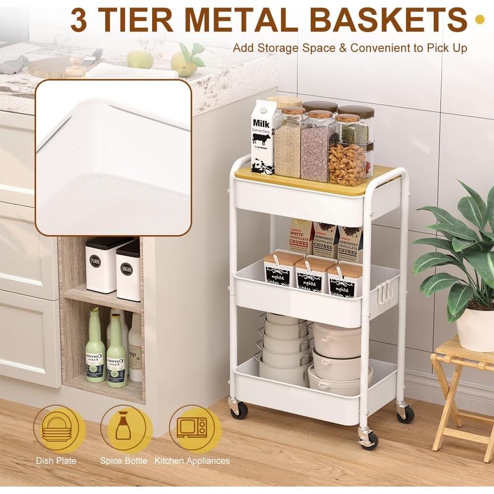 Carro de Almacenamiento Rodante HIDODO 3 Niveles Metal Blanco