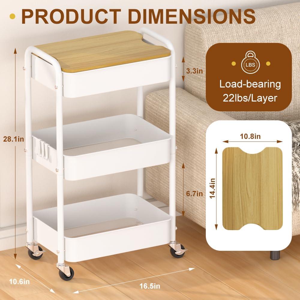 Carro de Almacenamiento Rodante HIDODO 3 Niveles Metal Blanco