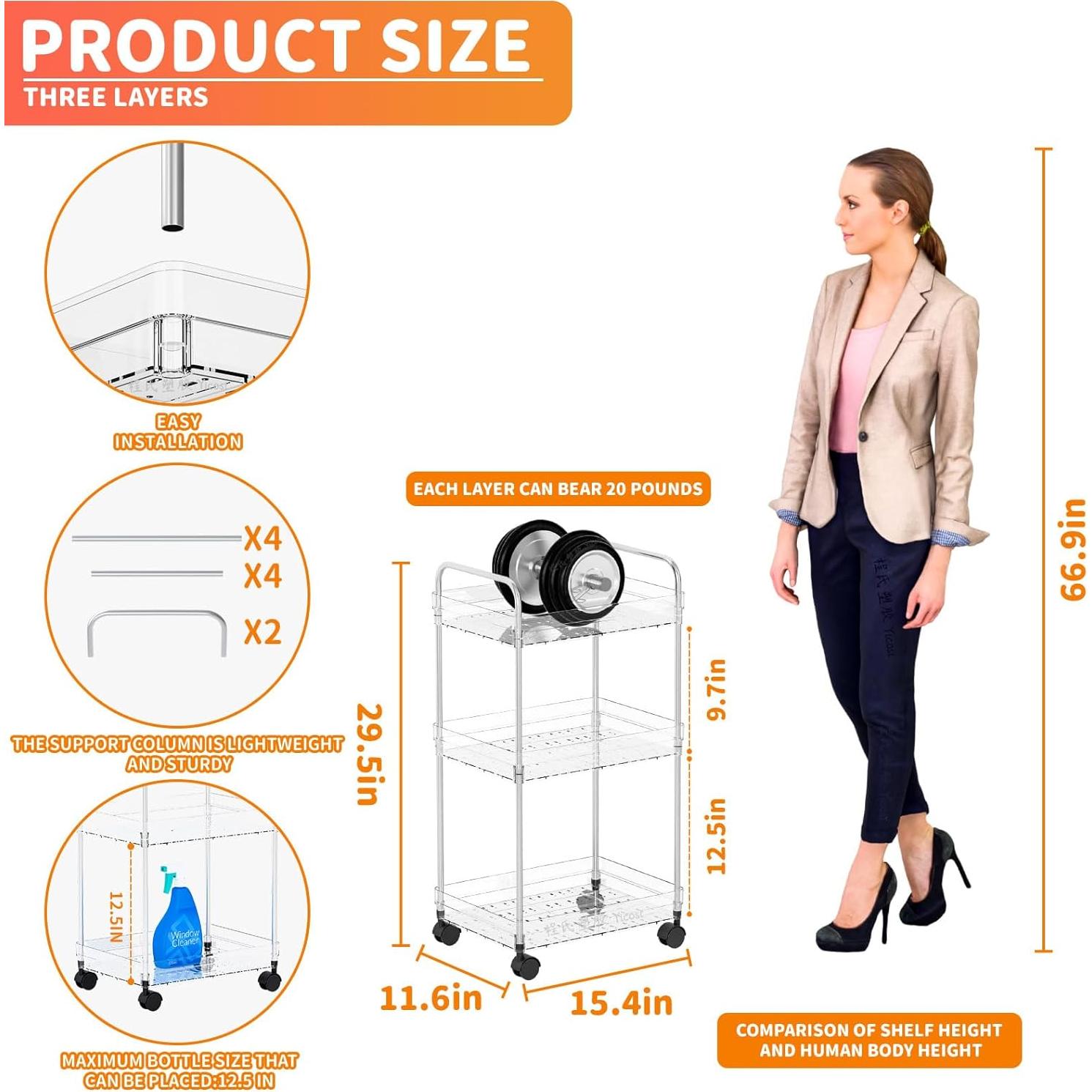Carro Rodante de Almacenamiento Yieach 3 Niveles Transparente