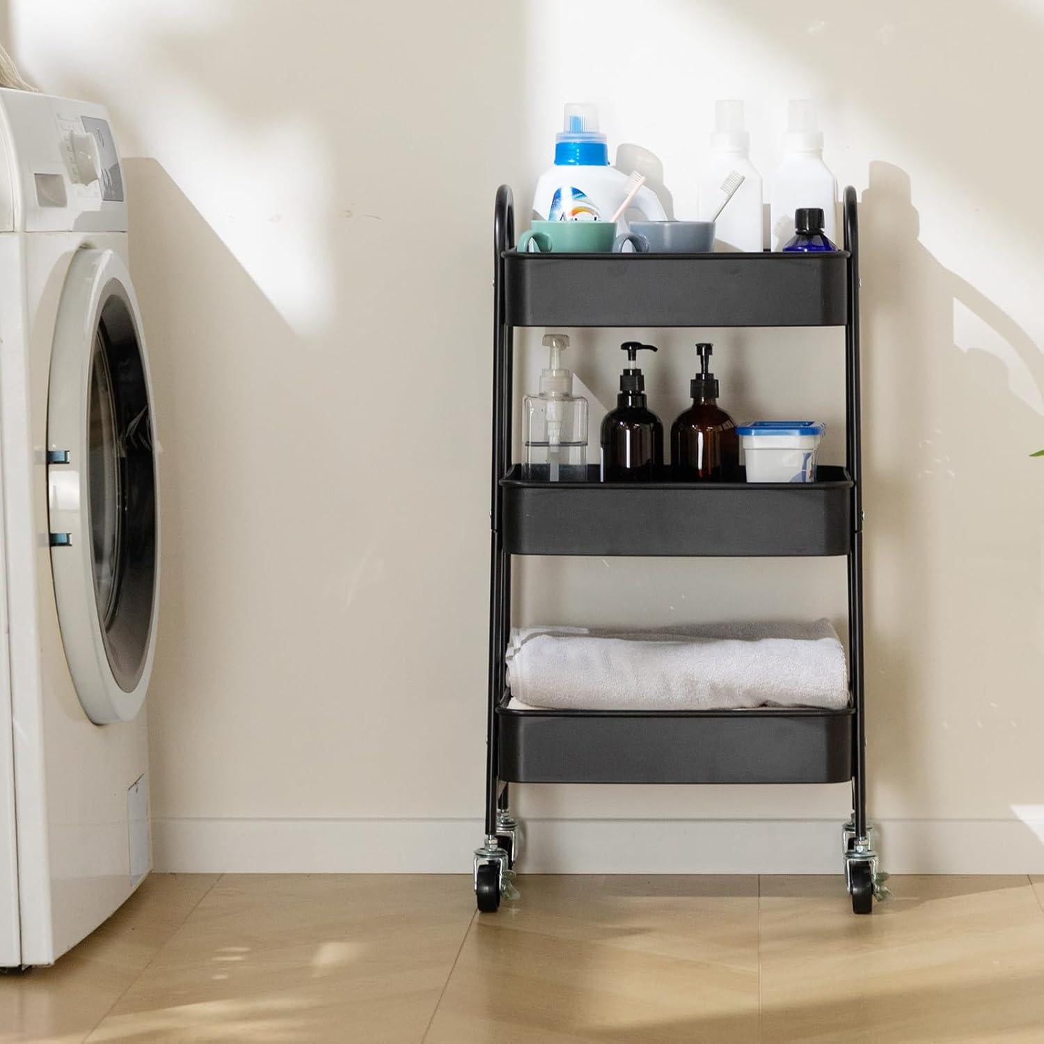 Carro Rodante de 3 Niveles AGTEK con Ruedas, Negro