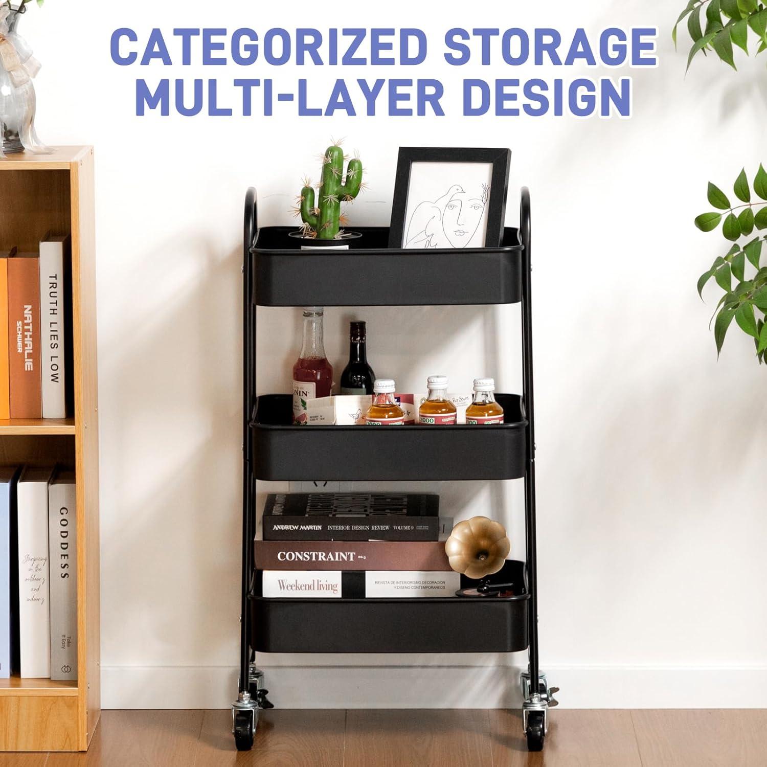 Carro Rodante de 3 Niveles AGTEK con Ruedas, Negro