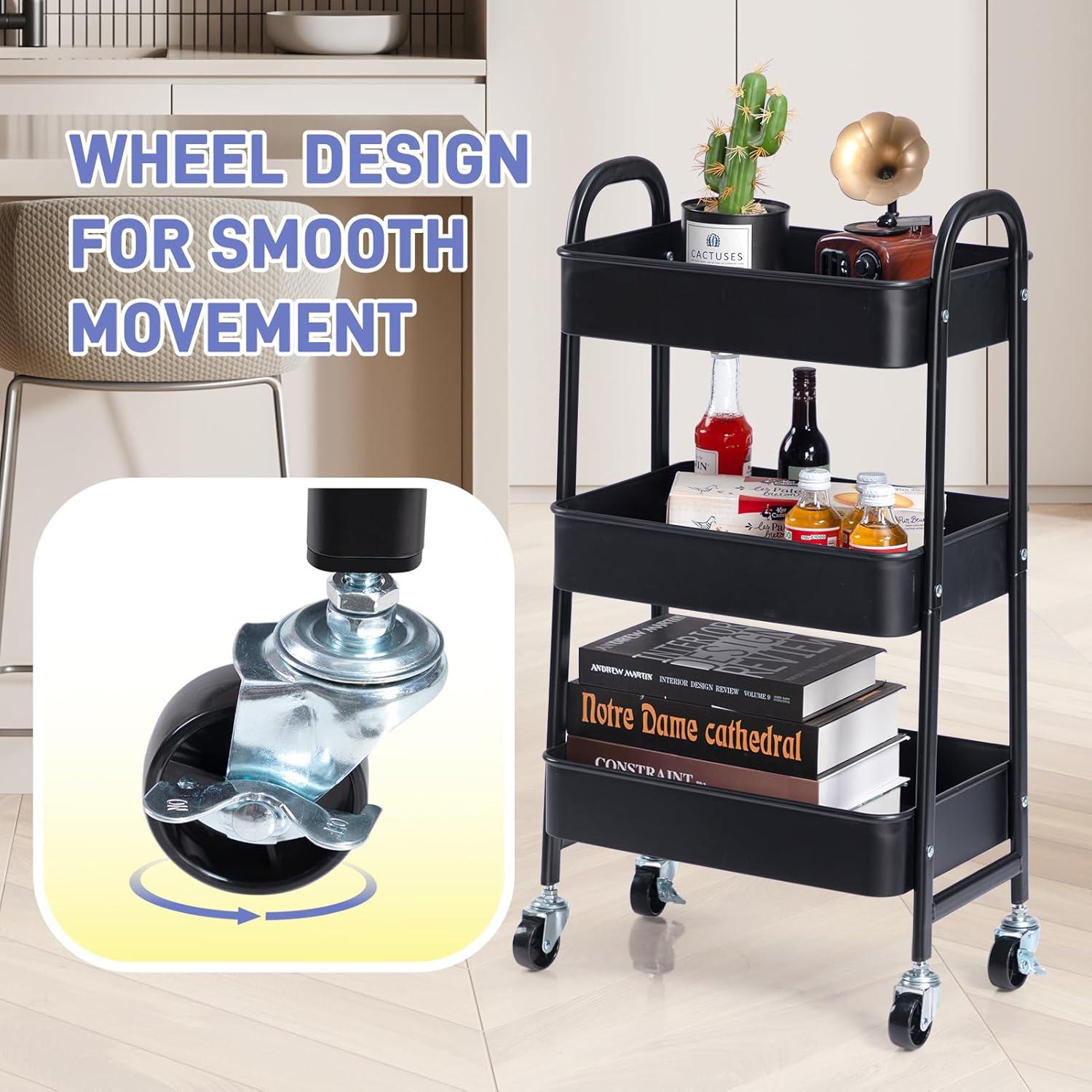 Carro Rodante de 3 Niveles AGTEK con Ruedas, Negro