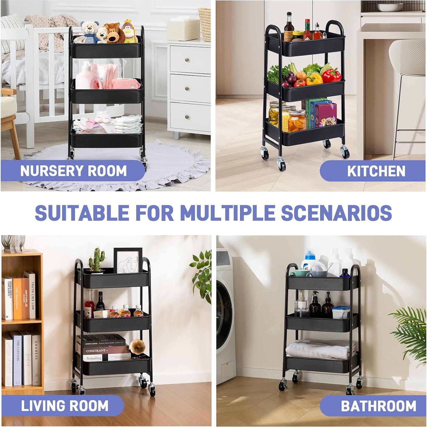 Carro Rodante de 3 Niveles AGTEK con Ruedas, Negro