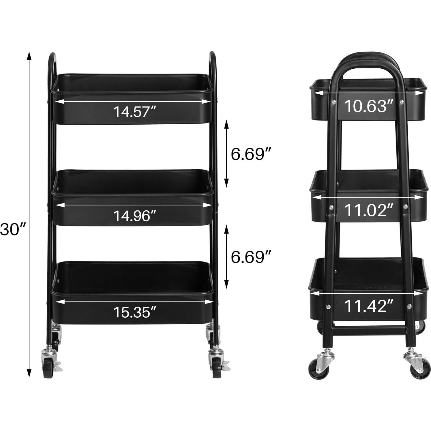 Carro Rodante de 3 Niveles AGTEK con Ruedas, Negro