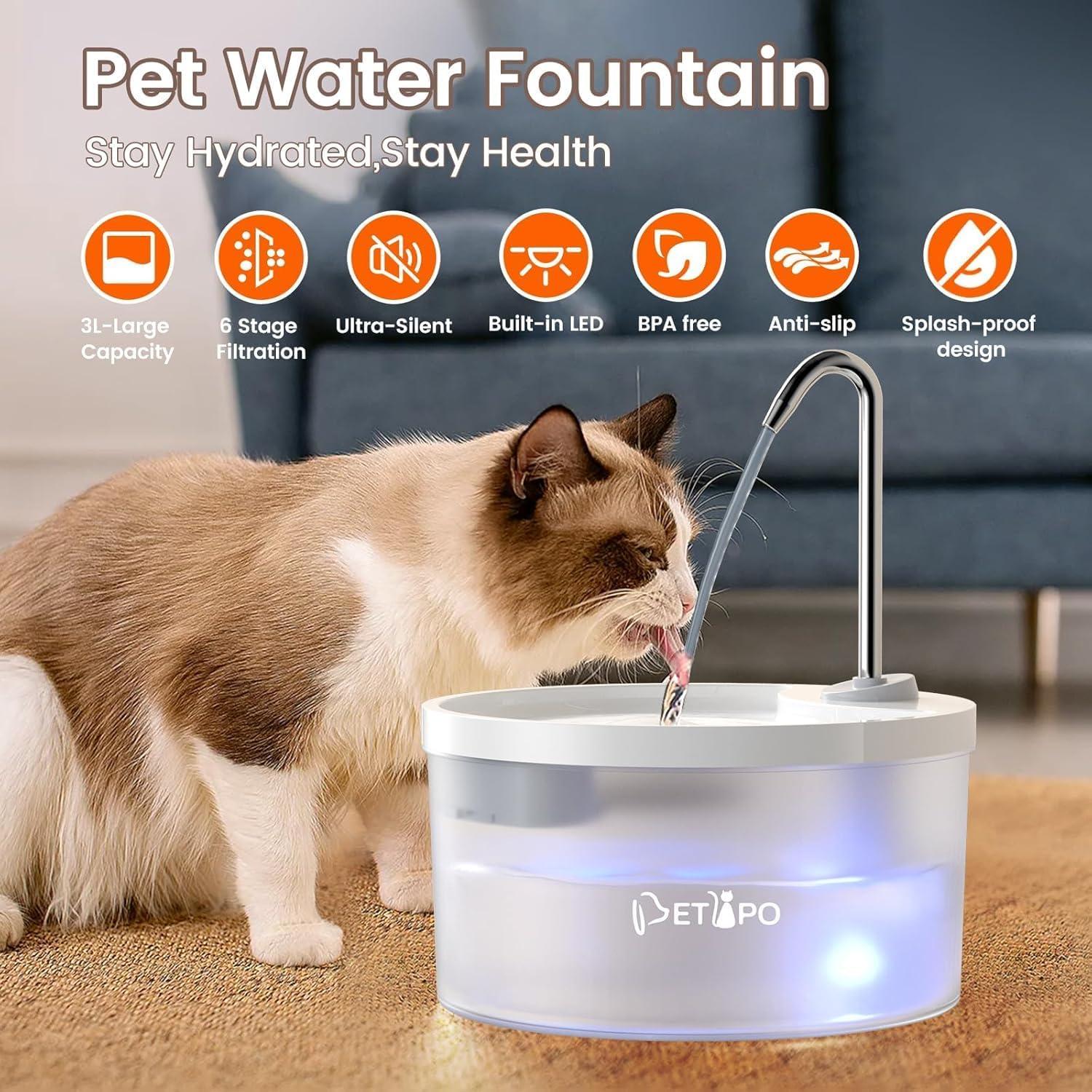Fuente de Agua para Gatos Petlipo 3L Silenciosa y BPA Free