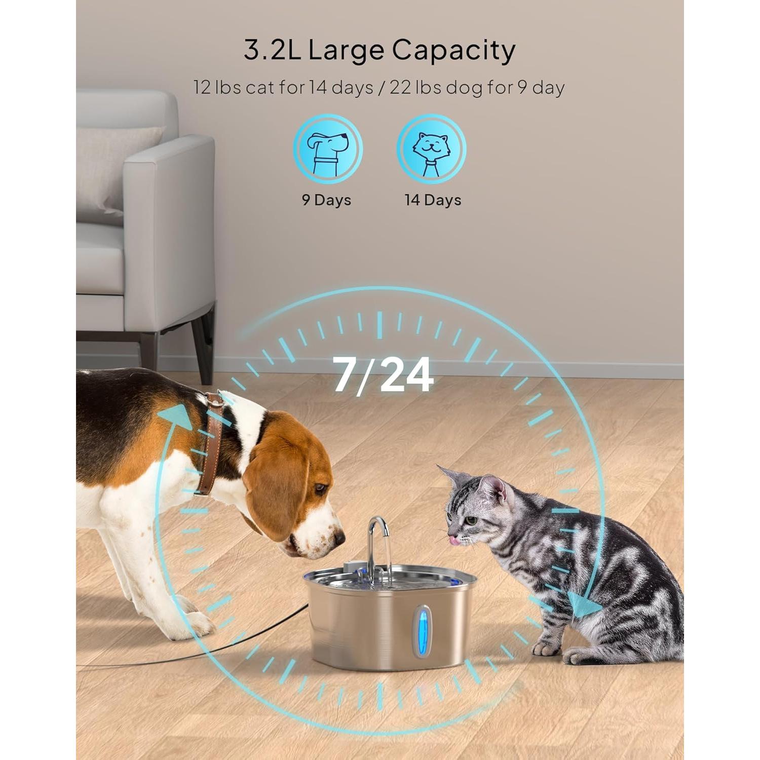 Fuente de Agua para Gatos PEKTACO 3.2L Acero Inoxidable