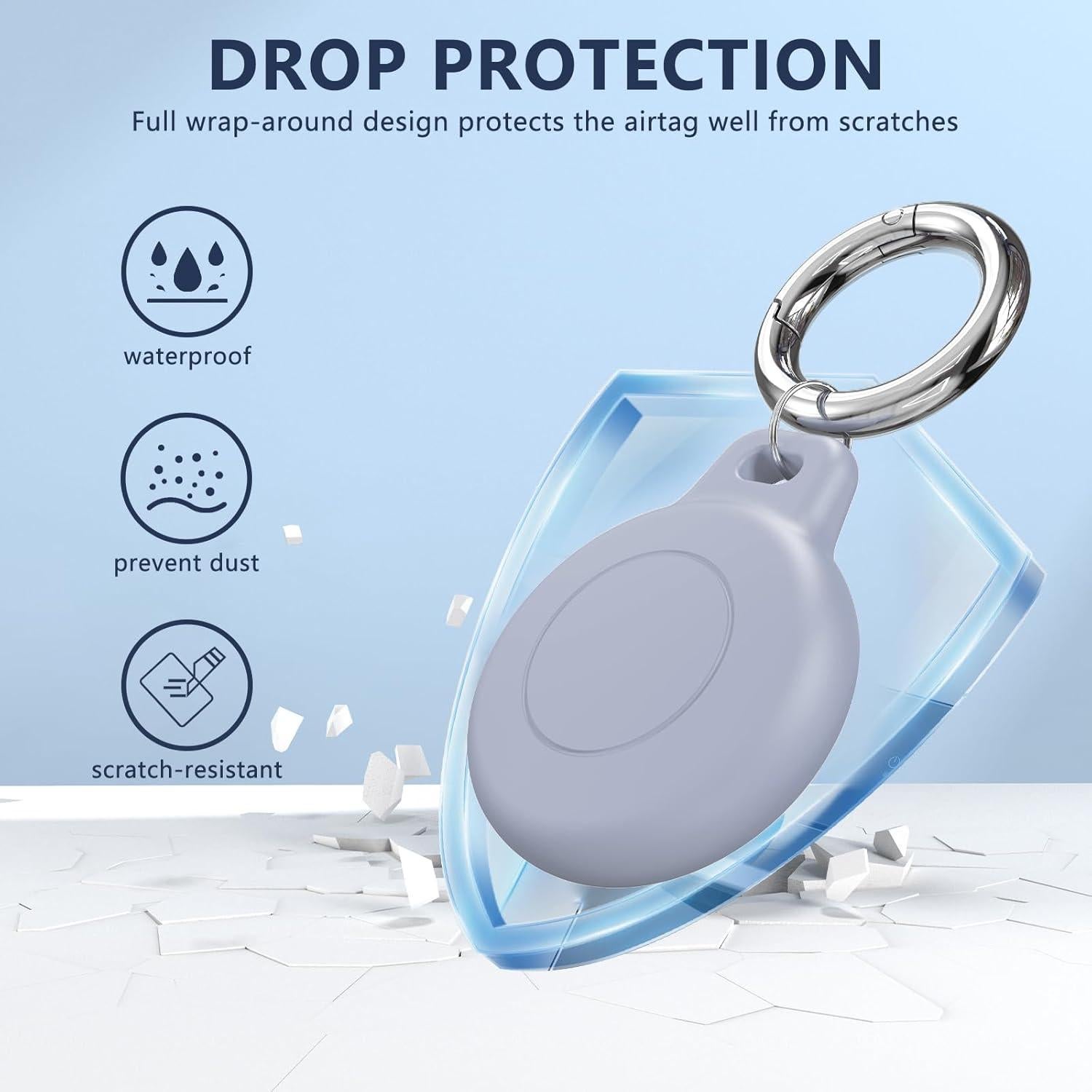 IPX8 Waterproof AirTag Keychain Holders for Apple AirTag, with Silicone Air Tag Case, Key Ring, Chain, and Compatibility with GPS Item Finders - Essential Accessory (Grey)