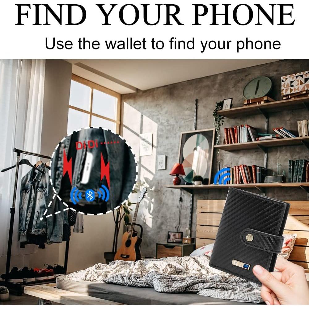 Cartera Antipérdida Bluetooth RFID Aluminio Cuero Negro