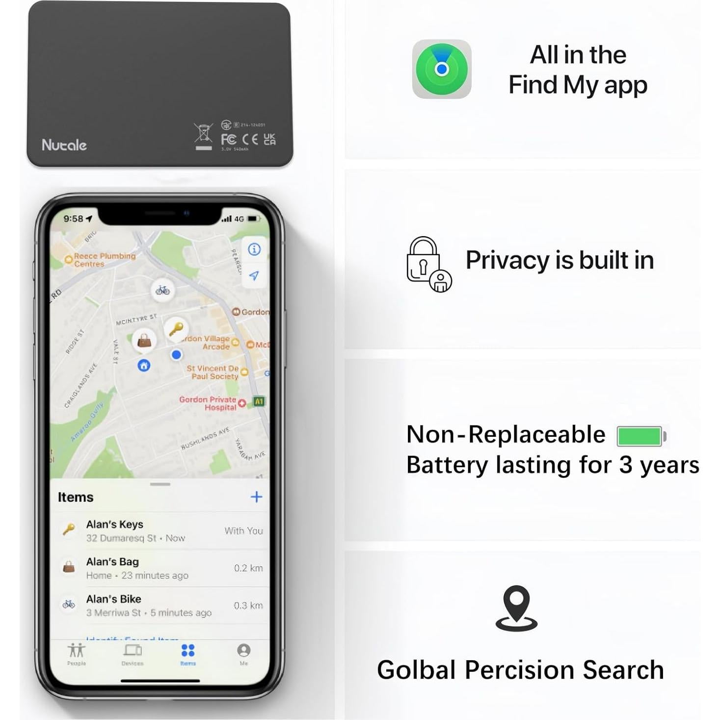 Localizador Bluetooth Nutale Air F15X Negro Resistente al Agua