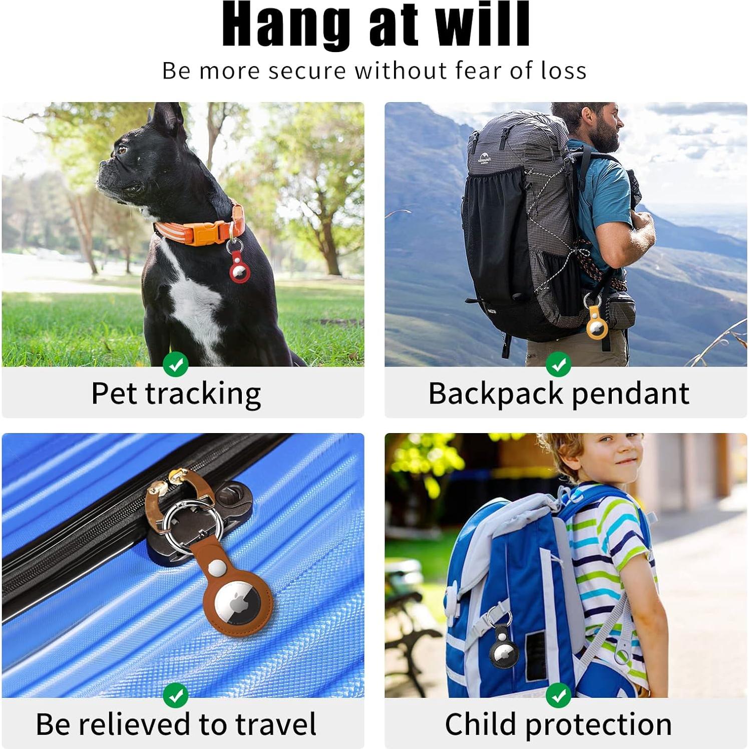 Paquete de 4 Soportes para AirTag QYQa - Funda PU Verde, Marrón, Negro, Rojo