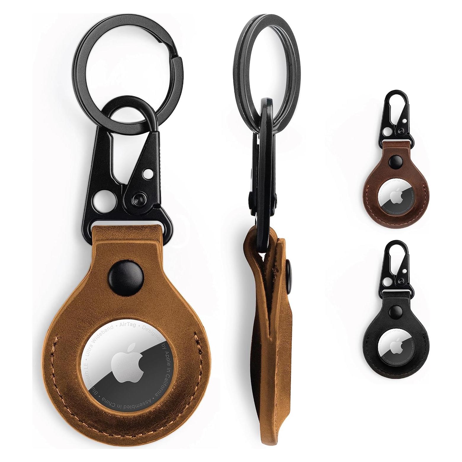 Funda de cuero KORDIZ para AirTag con llavero marrón