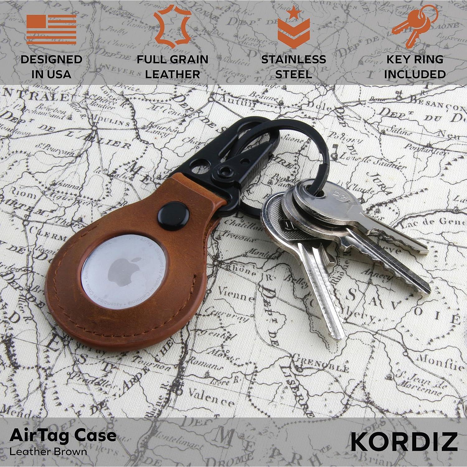 Funda de cuero KORDIZ para AirTag con llavero marrón