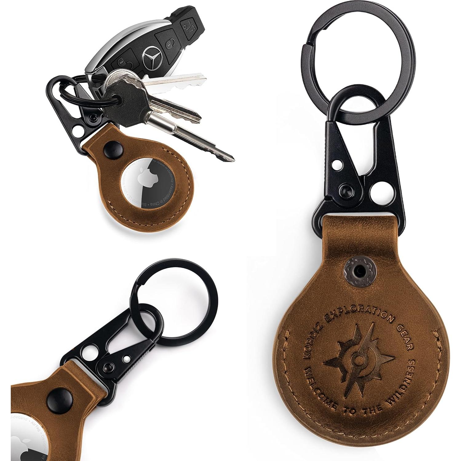 Funda de cuero KORDIZ para AirTag con llavero marrón