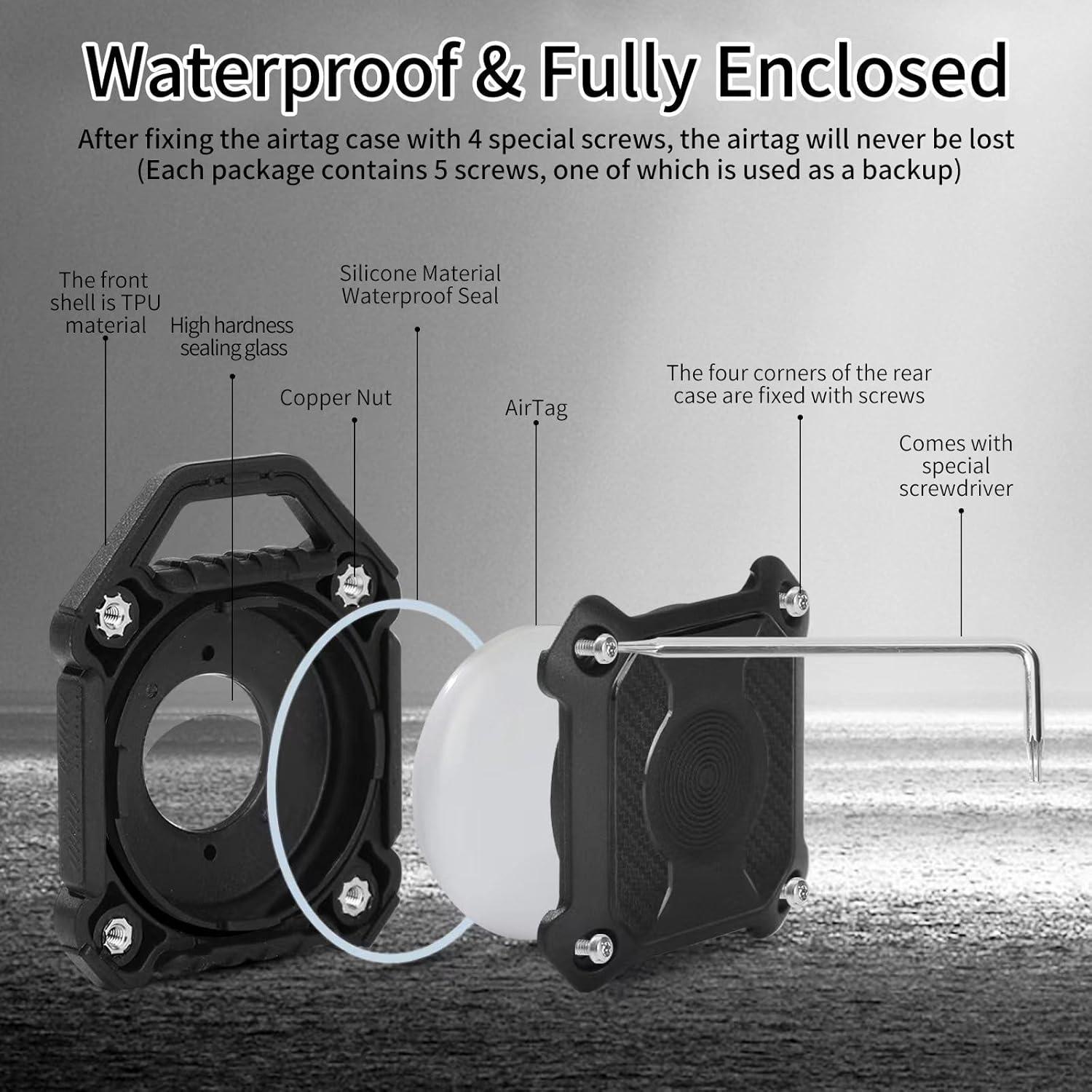 Waterproof Airtag Holder Keychain Case, Military Grade Superhard Material Fully enclosed Screw Closure + Waterproof Rubber Ring, Compatible with Apple Air Tag for Keys Kids Backpack Luggage Dog Collar