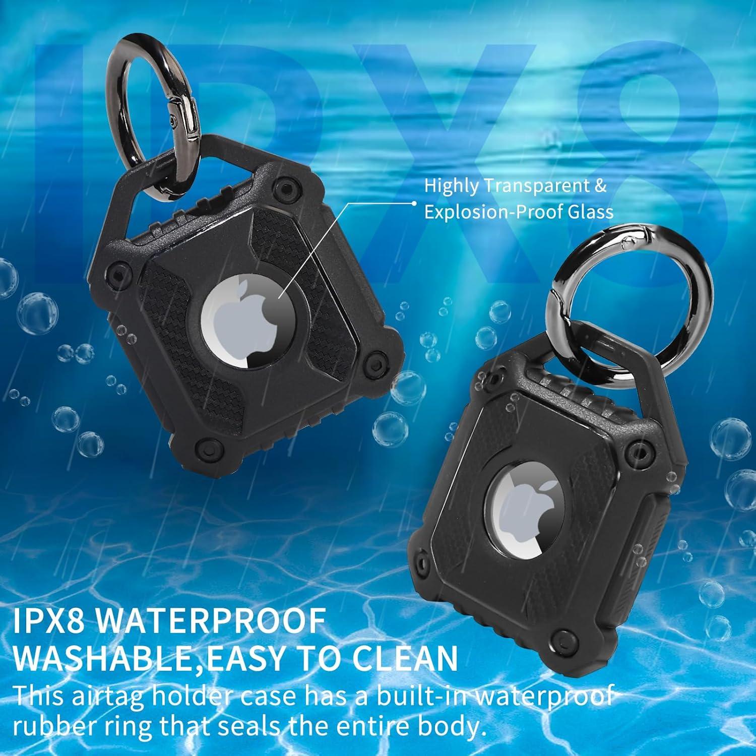 Waterproof Airtag Holder Keychain Case, Military Grade Superhard Material Fully enclosed Screw Closure + Waterproof Rubber Ring, Compatible with Apple Air Tag for Keys Kids Backpack Luggage Dog Collar