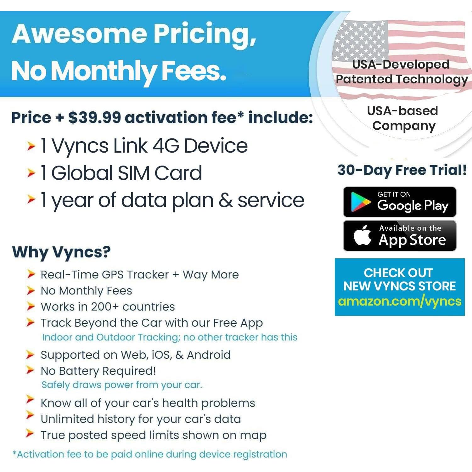 Rastreador GPS Vyncs 4G LTE Sin Cuota Mensual OBD-II