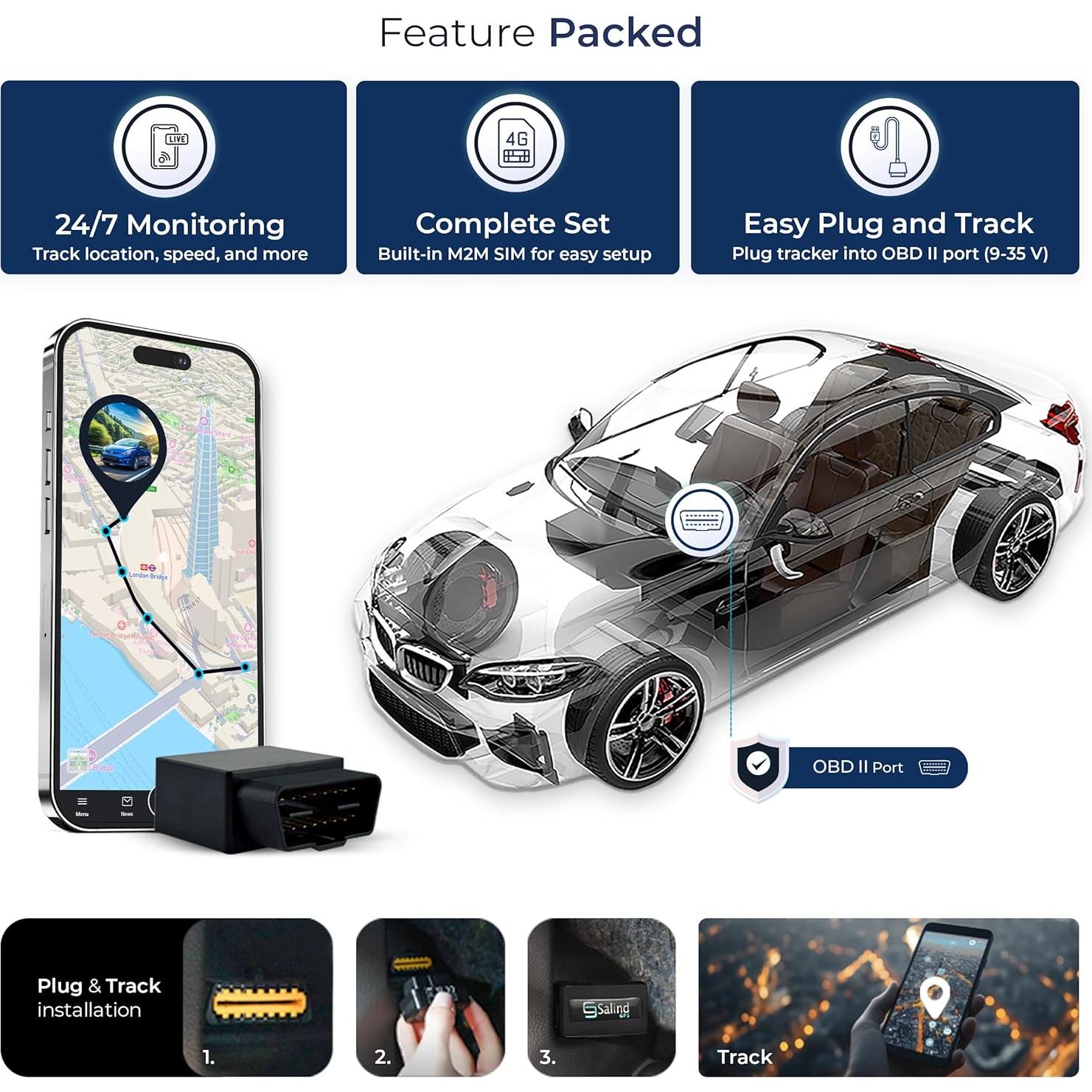 Rastreador GPS Salind 4G OBD - Localizador Vehicular Compacto