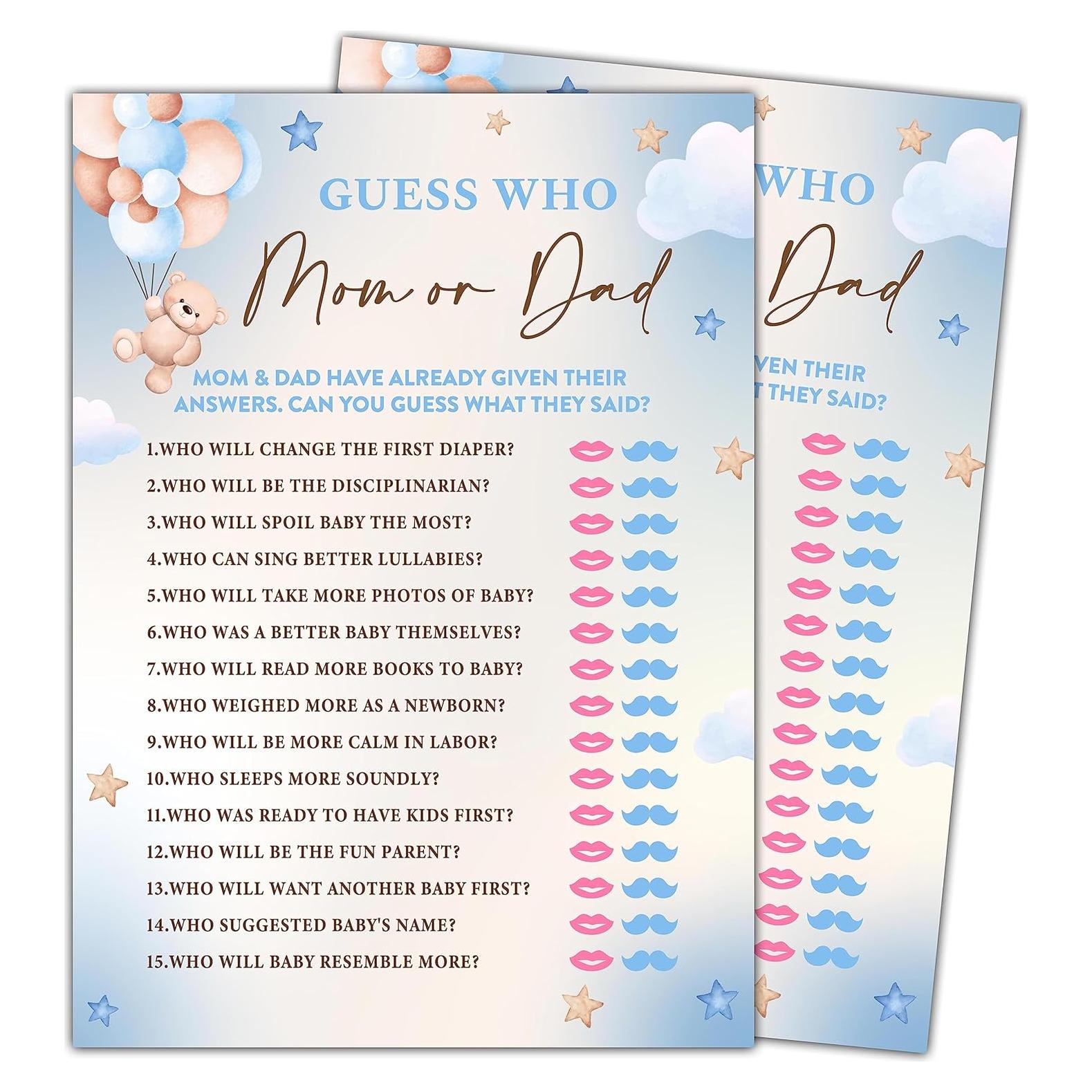 30 Tarjetas Adivina Quién Mamá o Papá - Fiesta Baby Shower