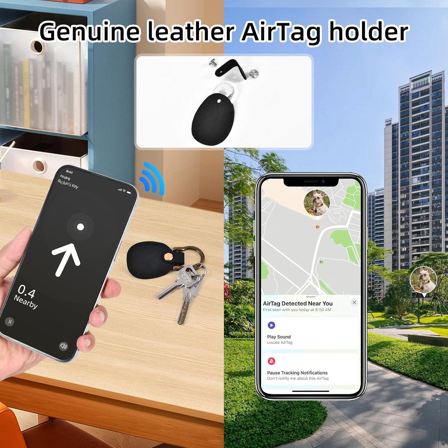 Llavero de Cuero Genuino Marrón con Soporte para AirTag