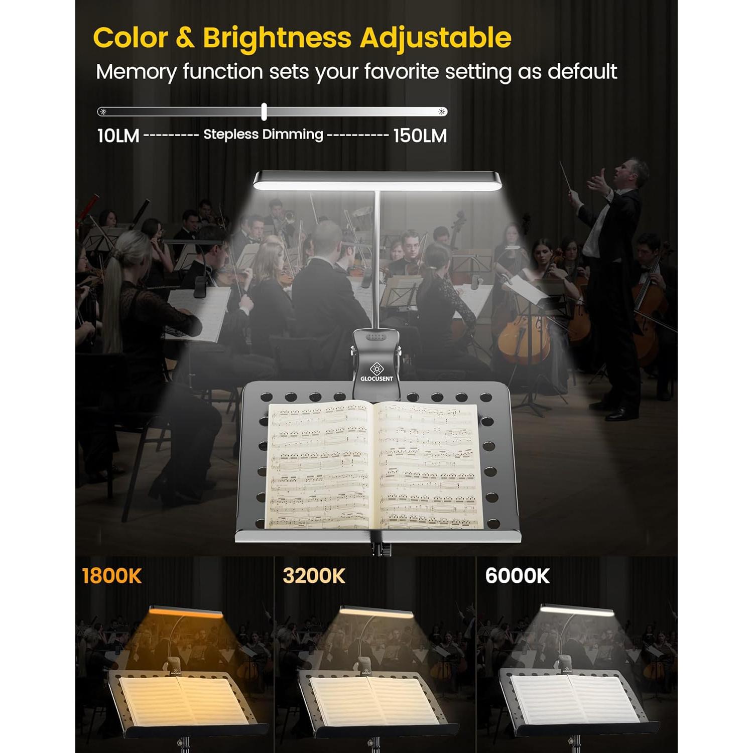 Luz de Atril Musical Glocusent A16, 57 LEDs, Recargable USB-C