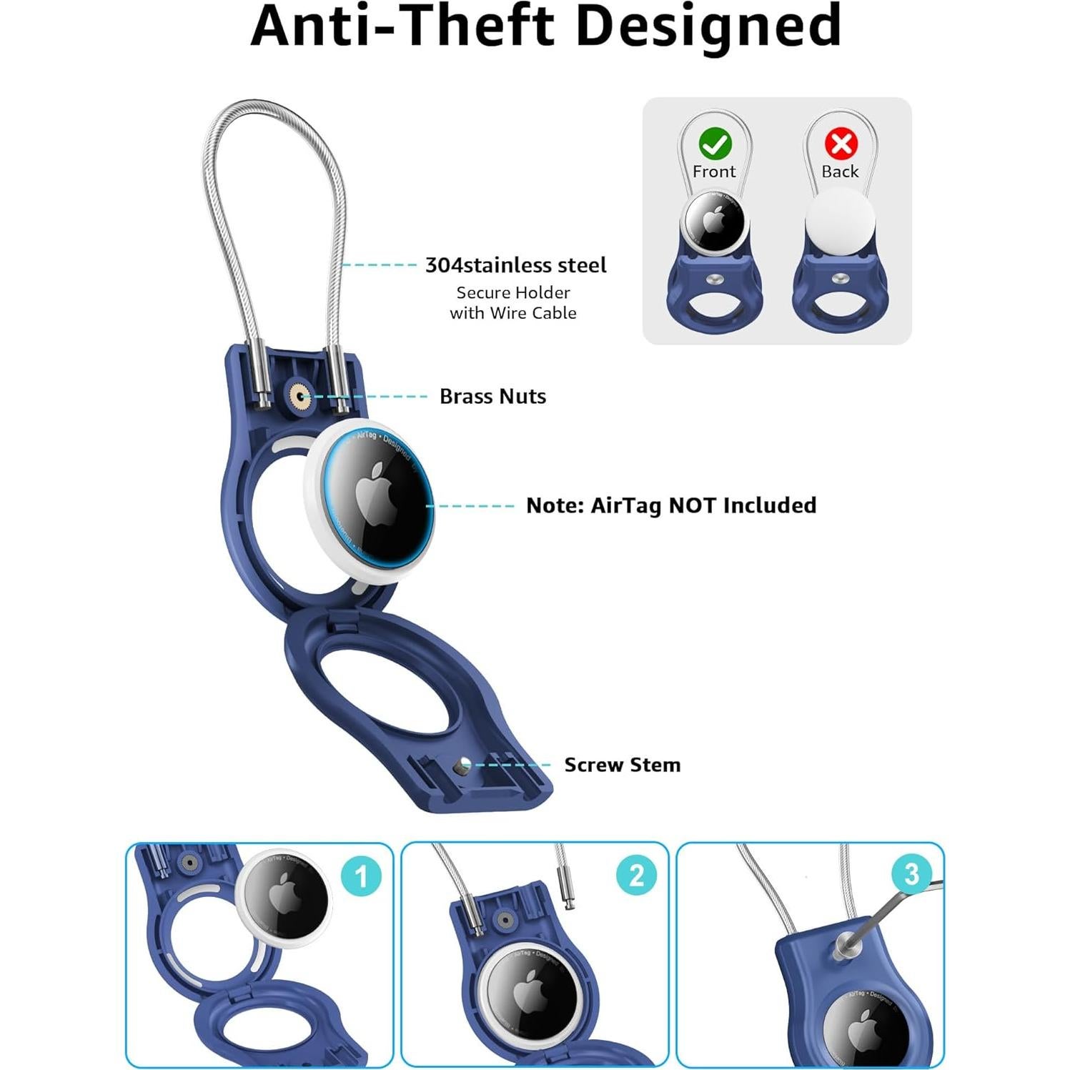 Soporte para llavero AirTag Gliship Azul con cable seguro