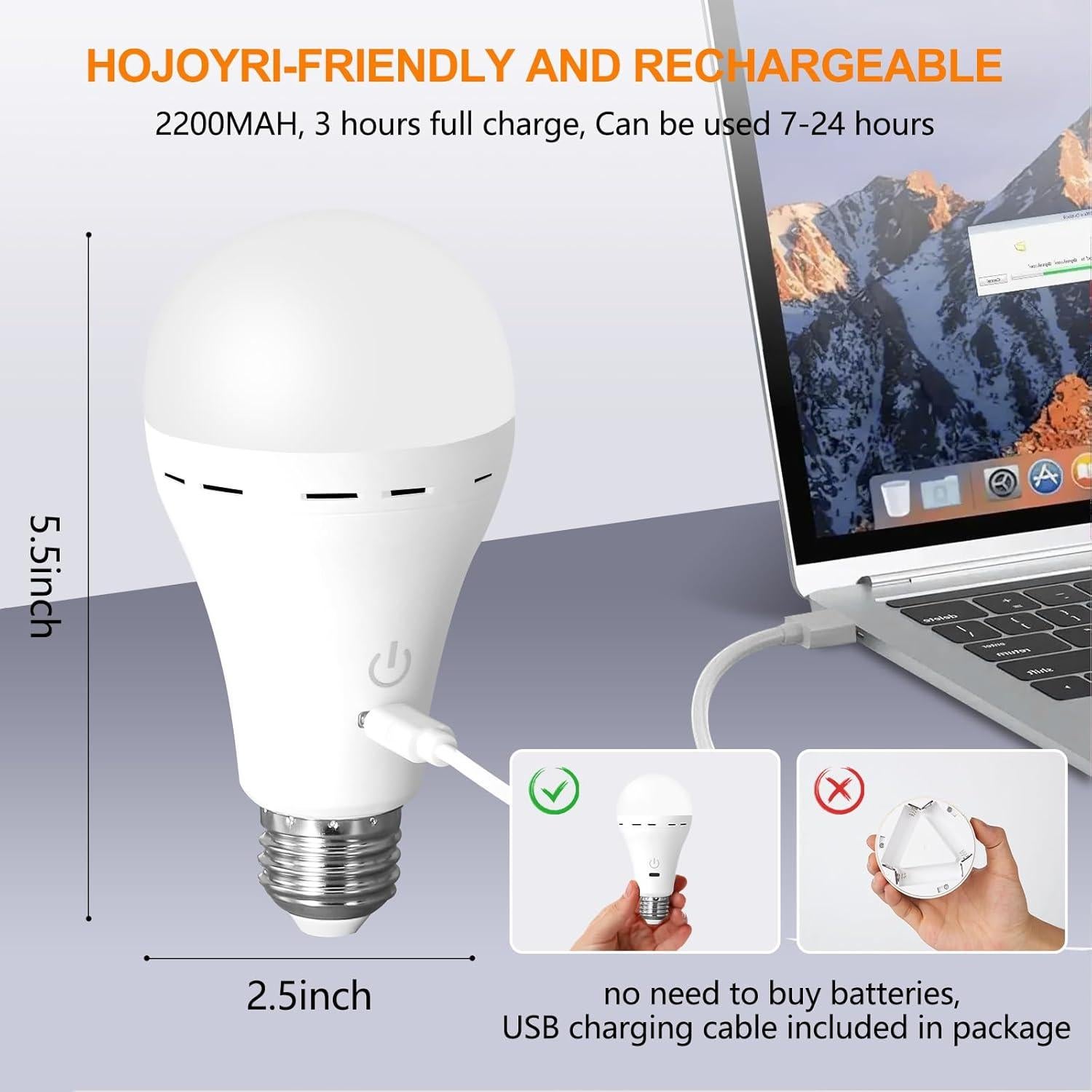 2 Bombillas Recargables HOJOYRI E26 LED con Control Remoto