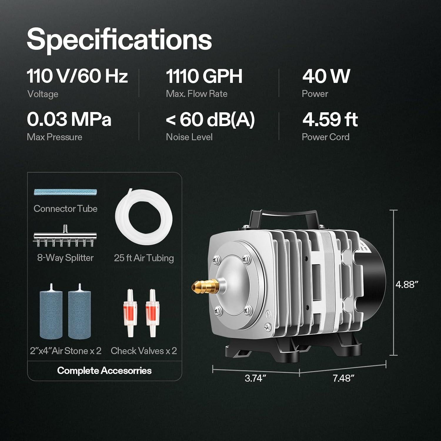 Kit de Bomba de Aire VIVOSUN 40W 70 L/min para Acuario