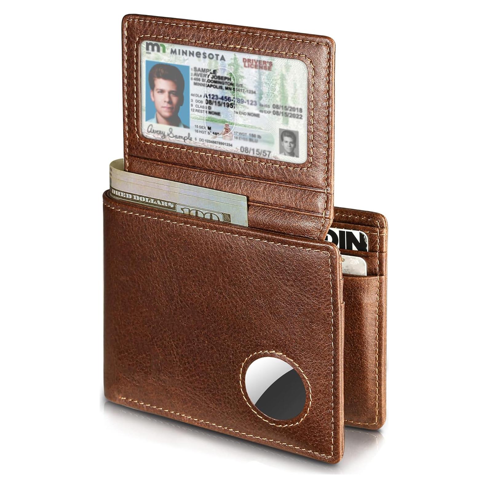 Billetera de Hombre Bifold de Cuero Marrón con Soporte AirTag y Bloqueo RFID