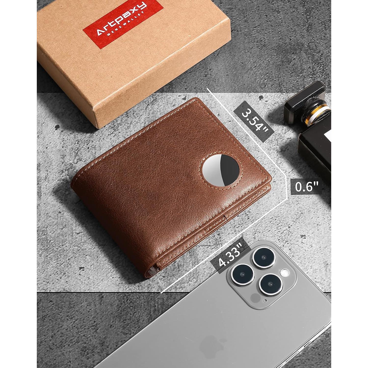 Billetera de Hombre Bifold de Cuero Marrón con Soporte AirTag y Bloqueo RFID
