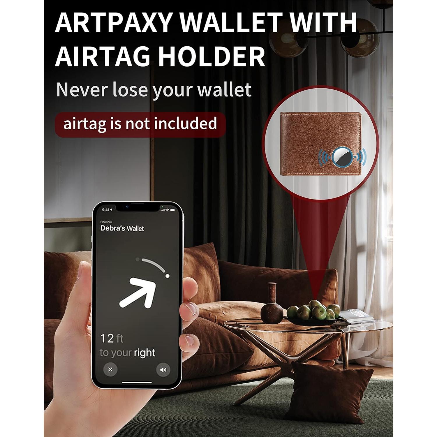 Billetera de Hombre Bifold de Cuero Marrón con Soporte AirTag y Bloqueo RFID