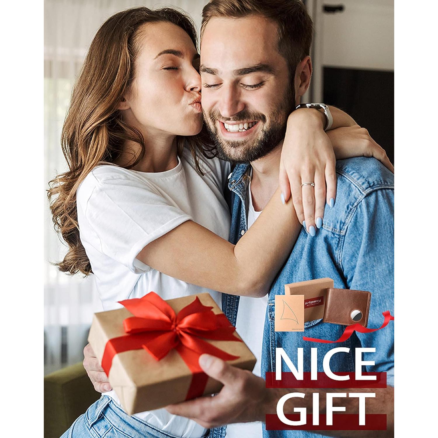 Billetera de Hombre Bifold de Cuero Marrón con Soporte AirTag y Bloqueo RFID