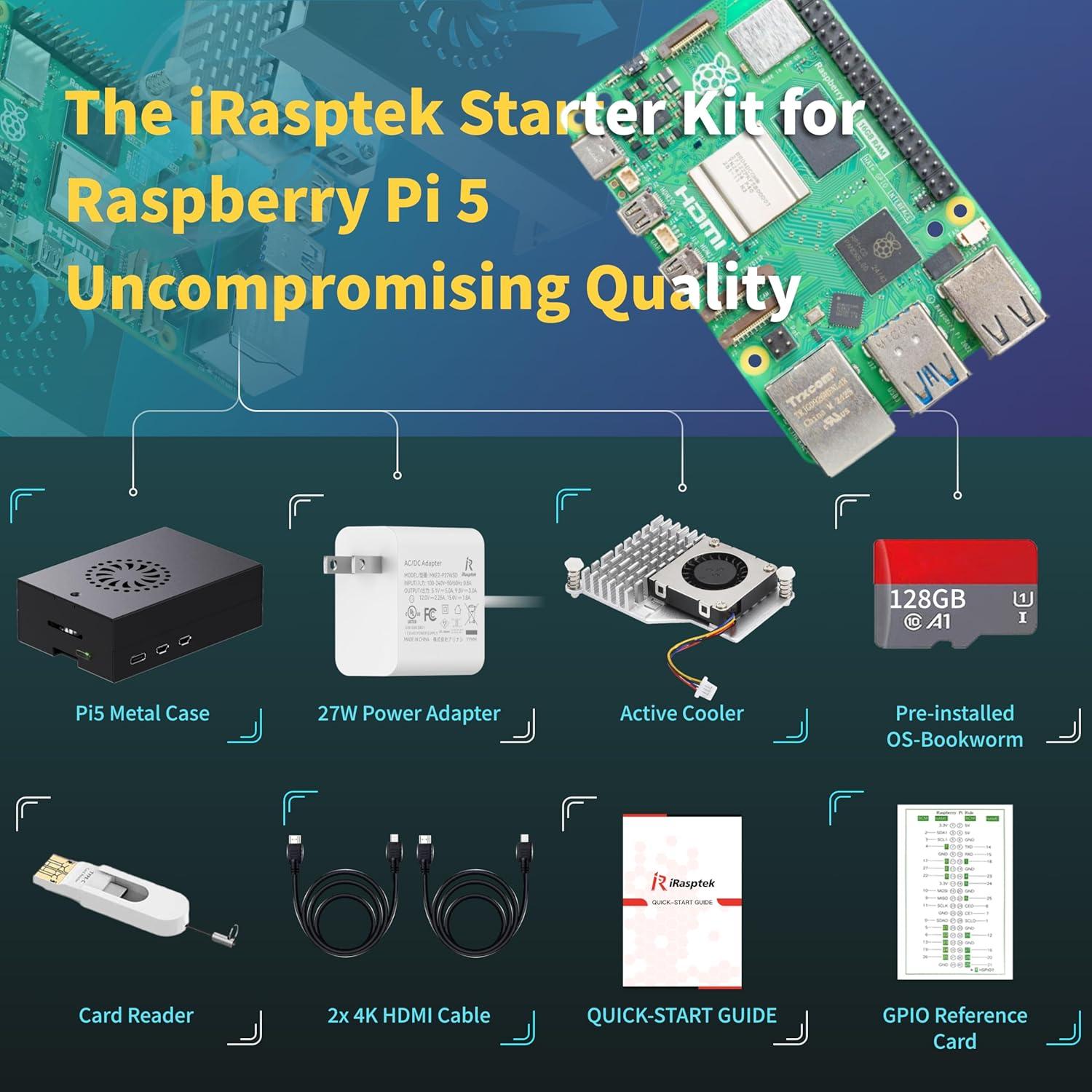 Kit Raspberry Pi 5 iRasptek 8GB RAM 128GB OS Aluminio