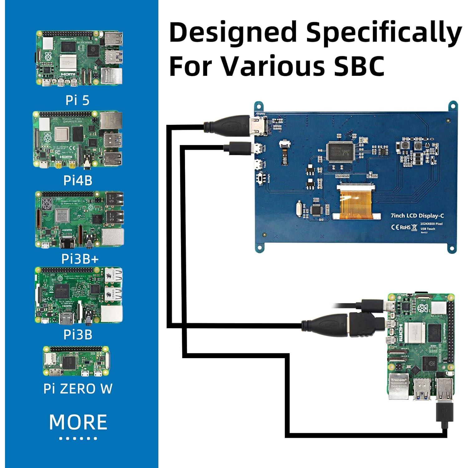 Pantalla Táctil LCD 7" iPistBit 1024x600 HDMI Raspberry Pi