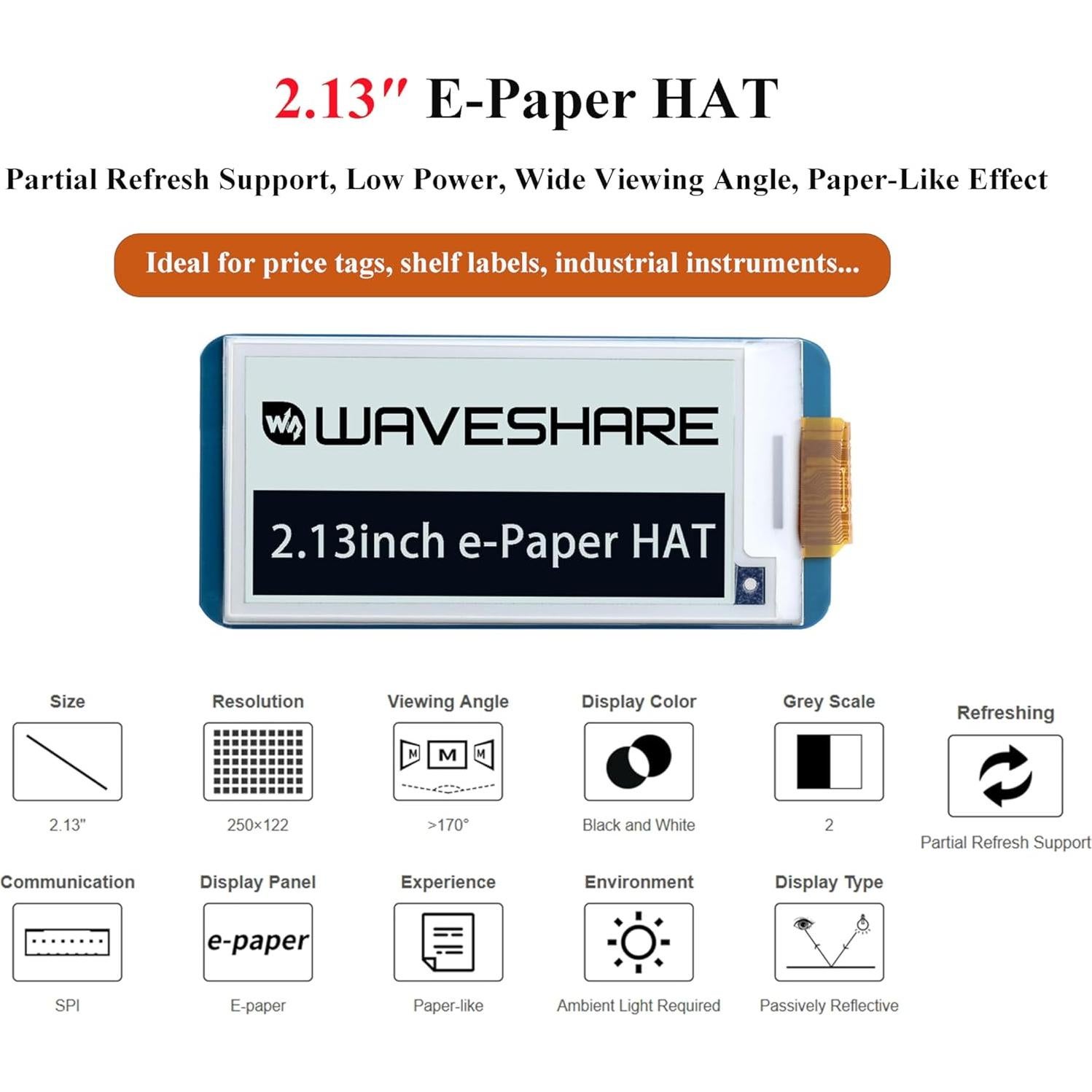 Pantalla E-Ink HAT 2.13" Waveshare 250x122 para Raspberry Pi