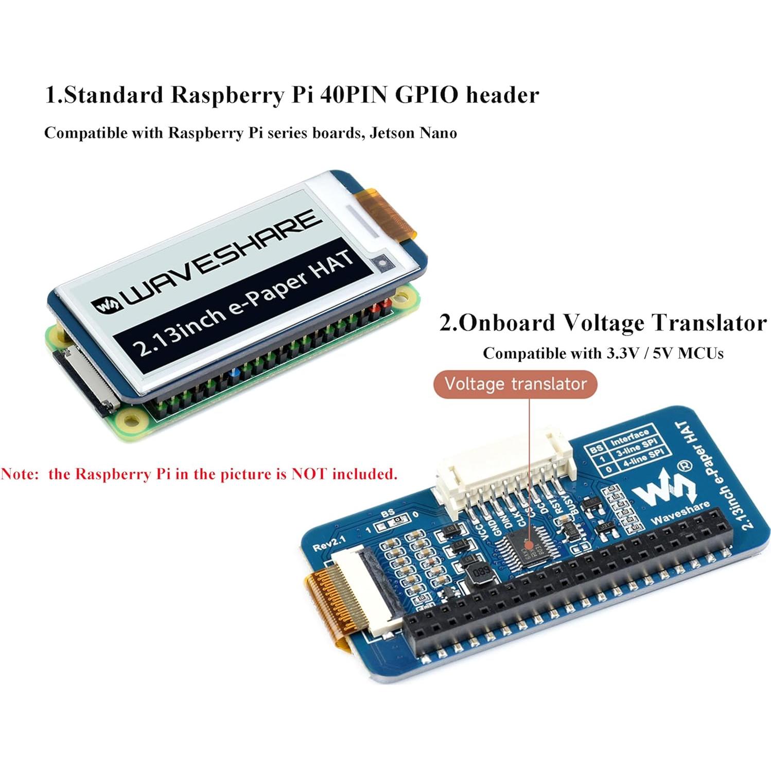 Pantalla E-Ink HAT 2.13" Waveshare 250x122 para Raspberry Pi