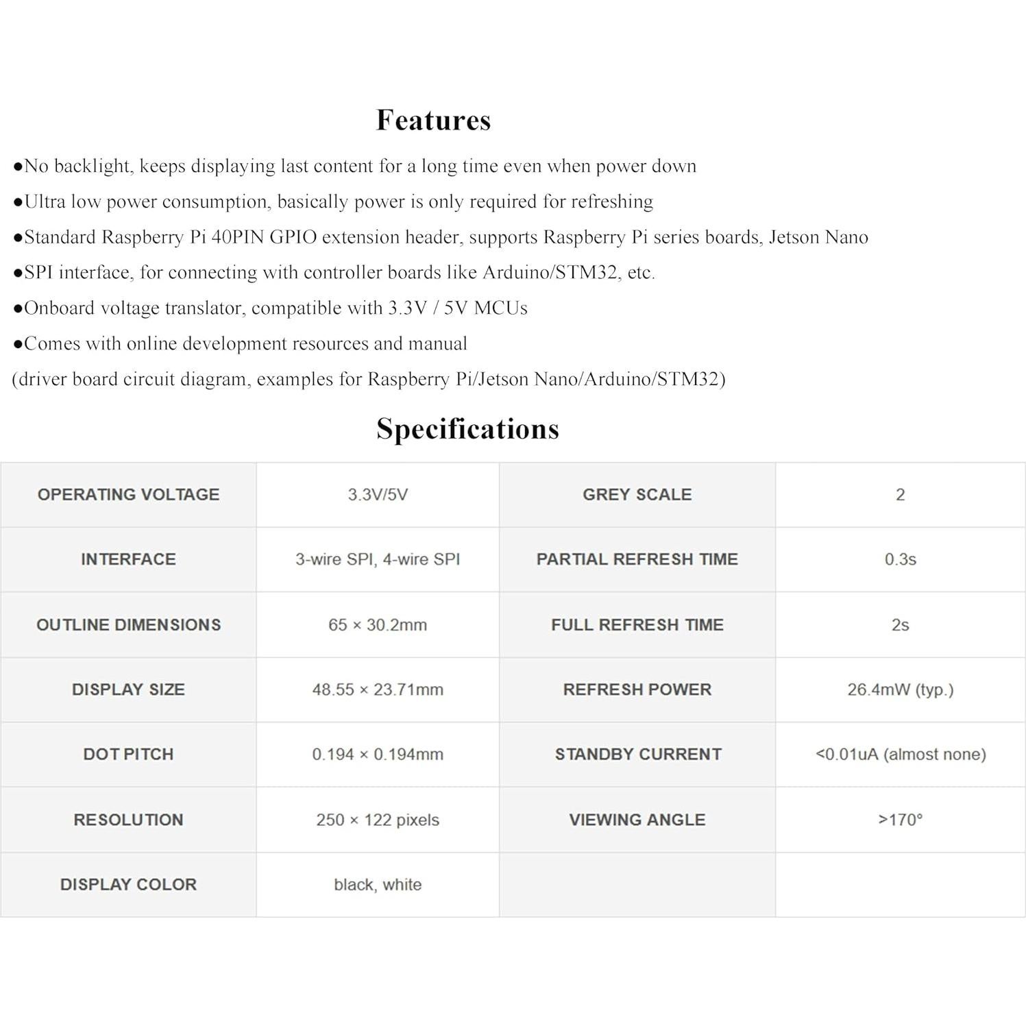 Pantalla E-Ink HAT 2.13" Waveshare 250x122 para Raspberry Pi
