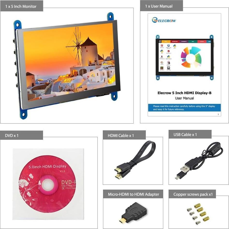 Monitor Táctil 5" Elecrow LCD 800x480 para Raspberry Pi