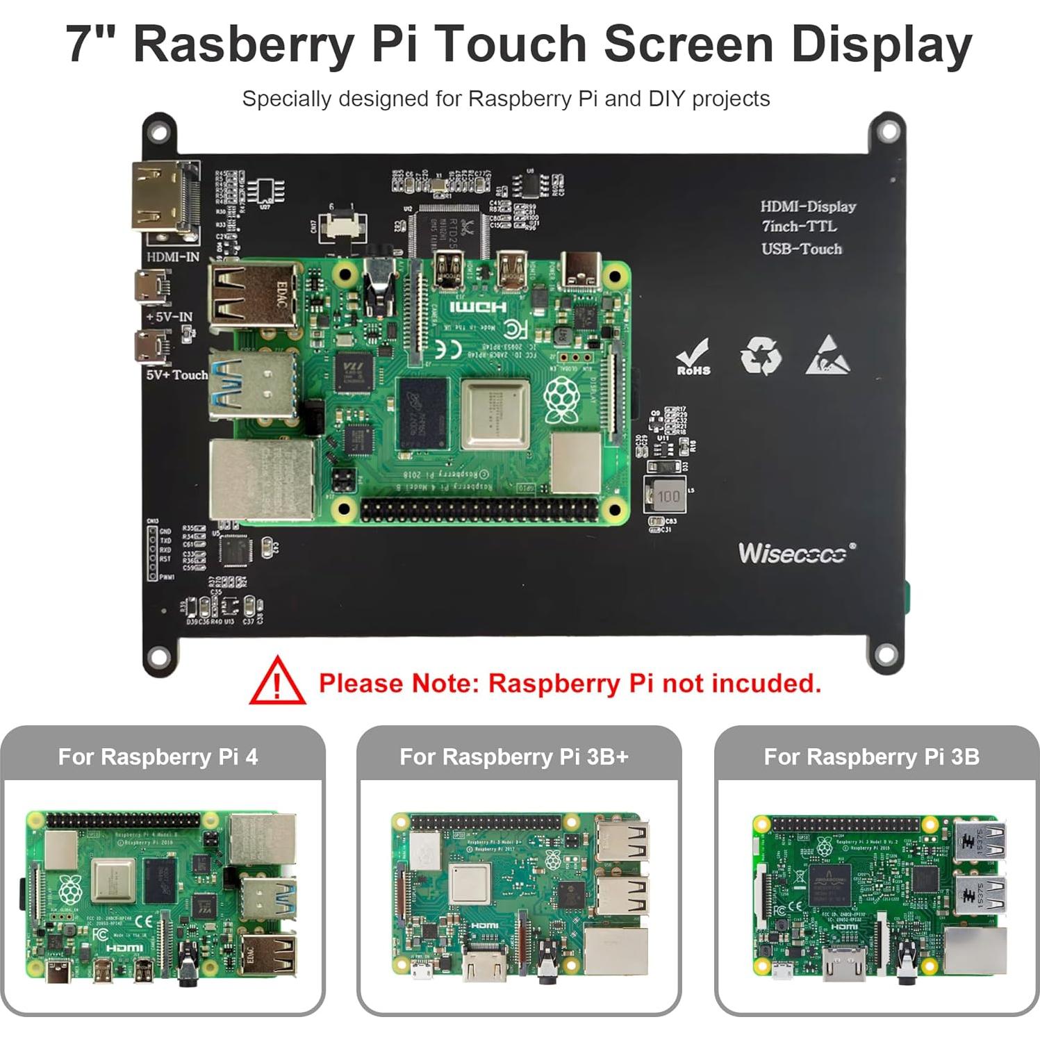 Monitor Táctil 7" Wisecoco HDMI IPS 1024x600 para Raspberry Pi