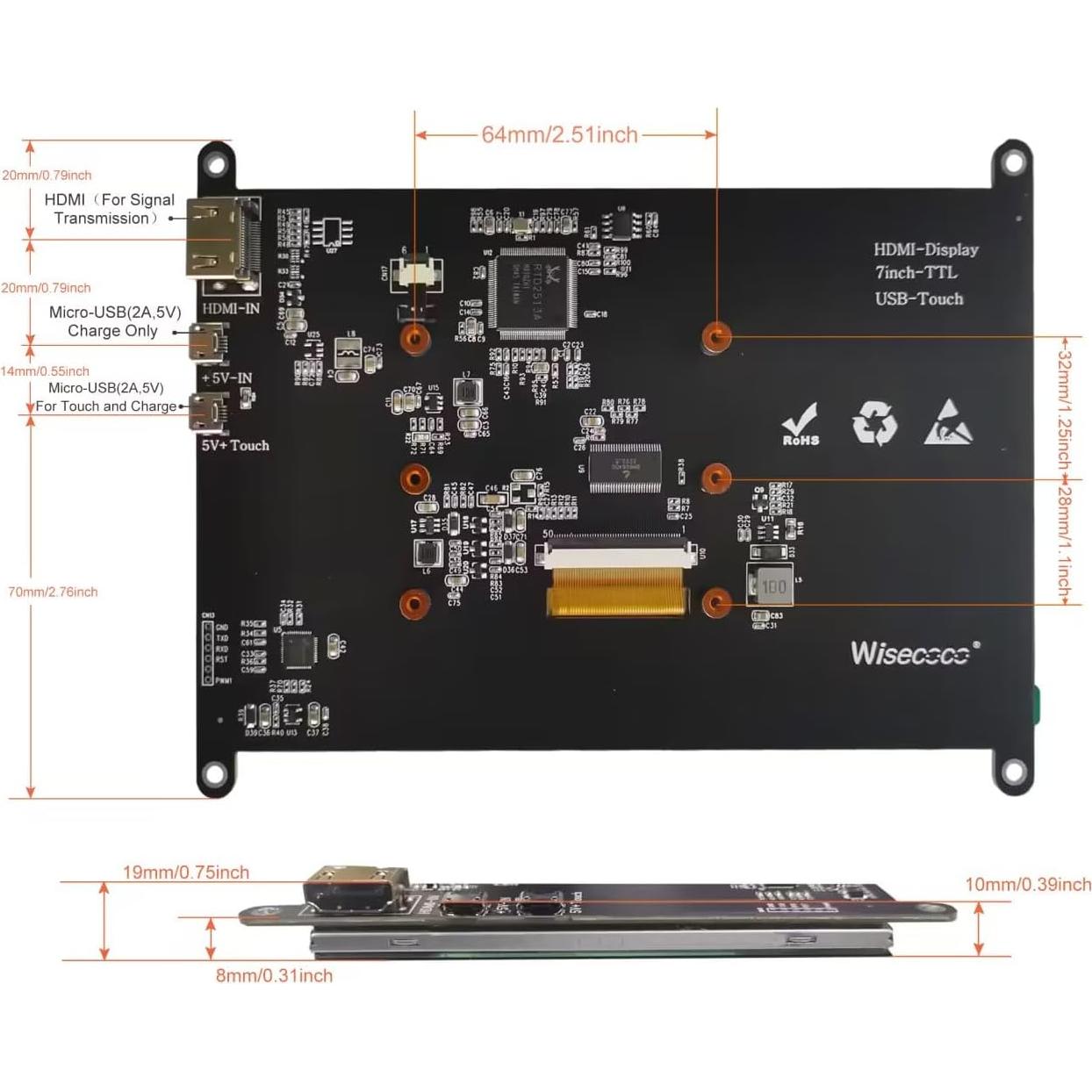 Monitor Táctil 7" Wisecoco HDMI IPS 1024x600 para Raspberry Pi