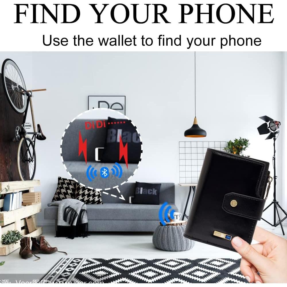 Billetera Bluetooth anti-pérdida cuero genuino negro